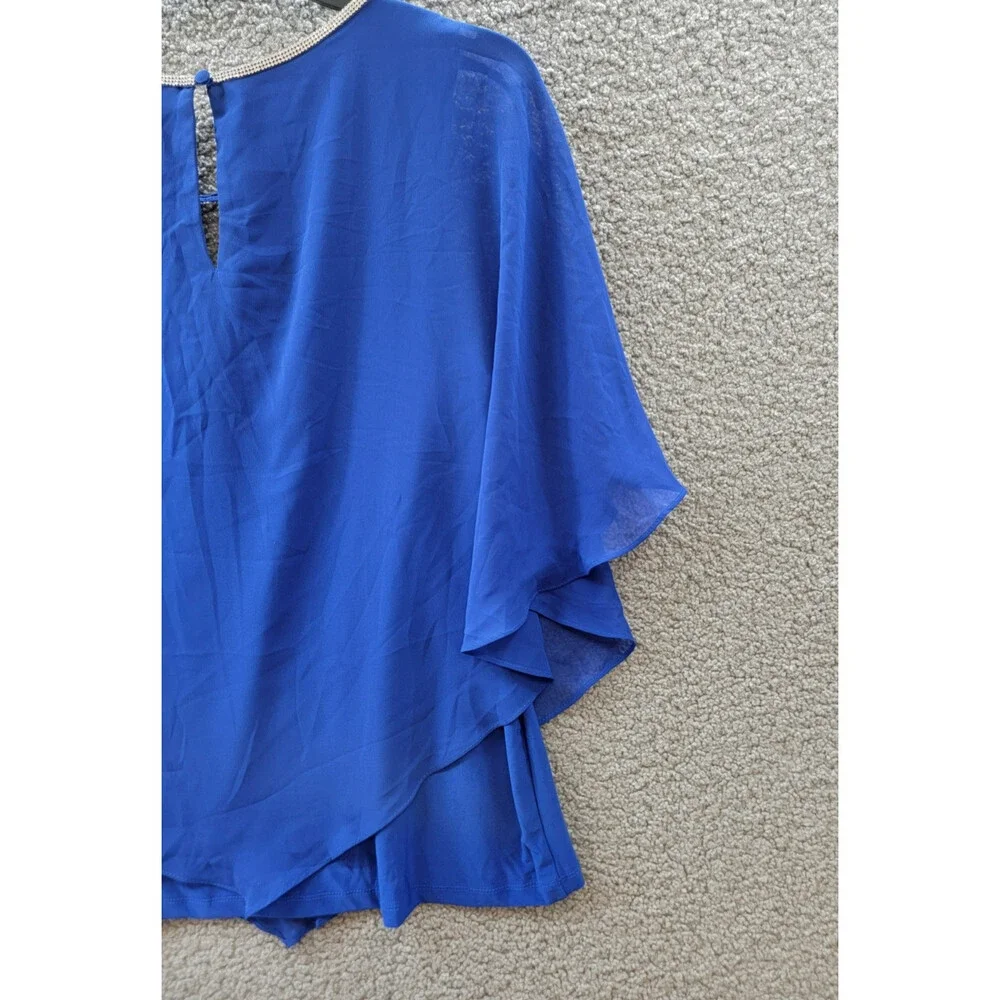 MSK Embellished Overlay Top Women's XL Goddess Blue Solid Scoop Neck Button Back - Picture 12 of 14